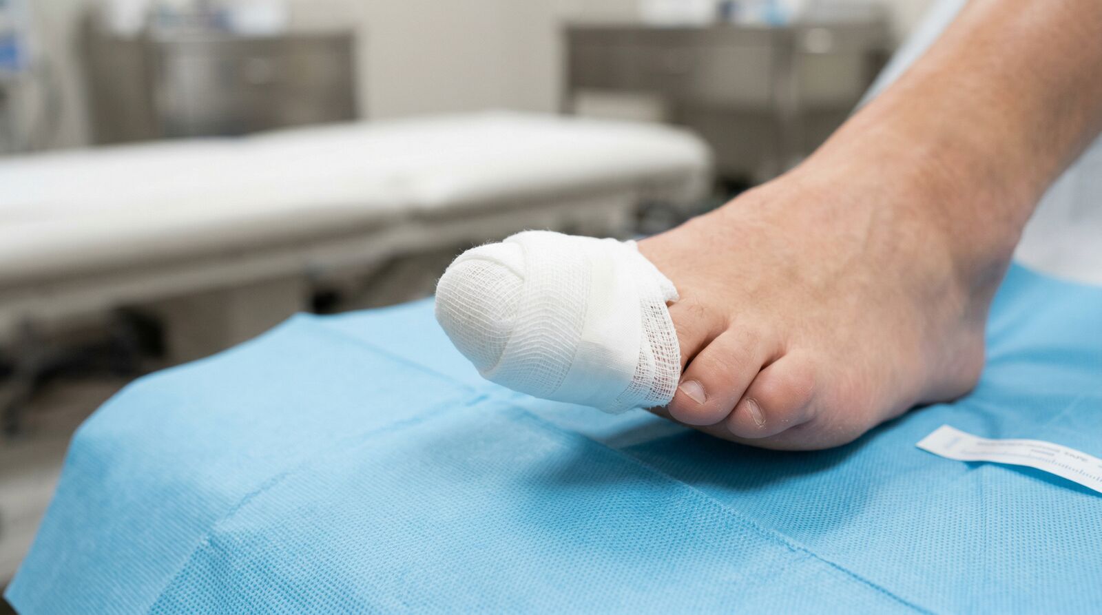 Post-procedure bandaged big toe showing a clean, professional dressing