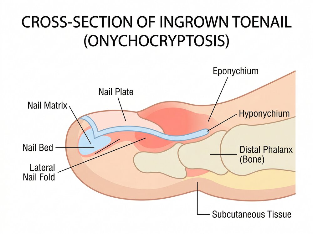 Medical diagram showing a cross-section of a toenail with labelled anatomy: nail matrix, nail plate, nail bed, and lateral nail fold