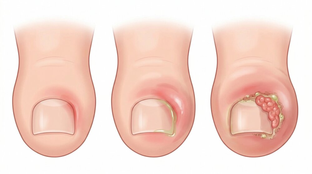 Illustration showing three stages of ingrown toenail progression: Stage 1 mild with redness and swelling, Stage 2 moderate with infection, Stage 3 severe with granulation tissue
