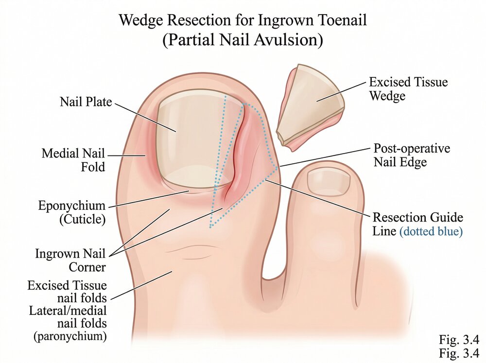 Medical textbook diagram illustrating the wedge resection procedure, showing the section of nail removed and the nail matrix treatment area