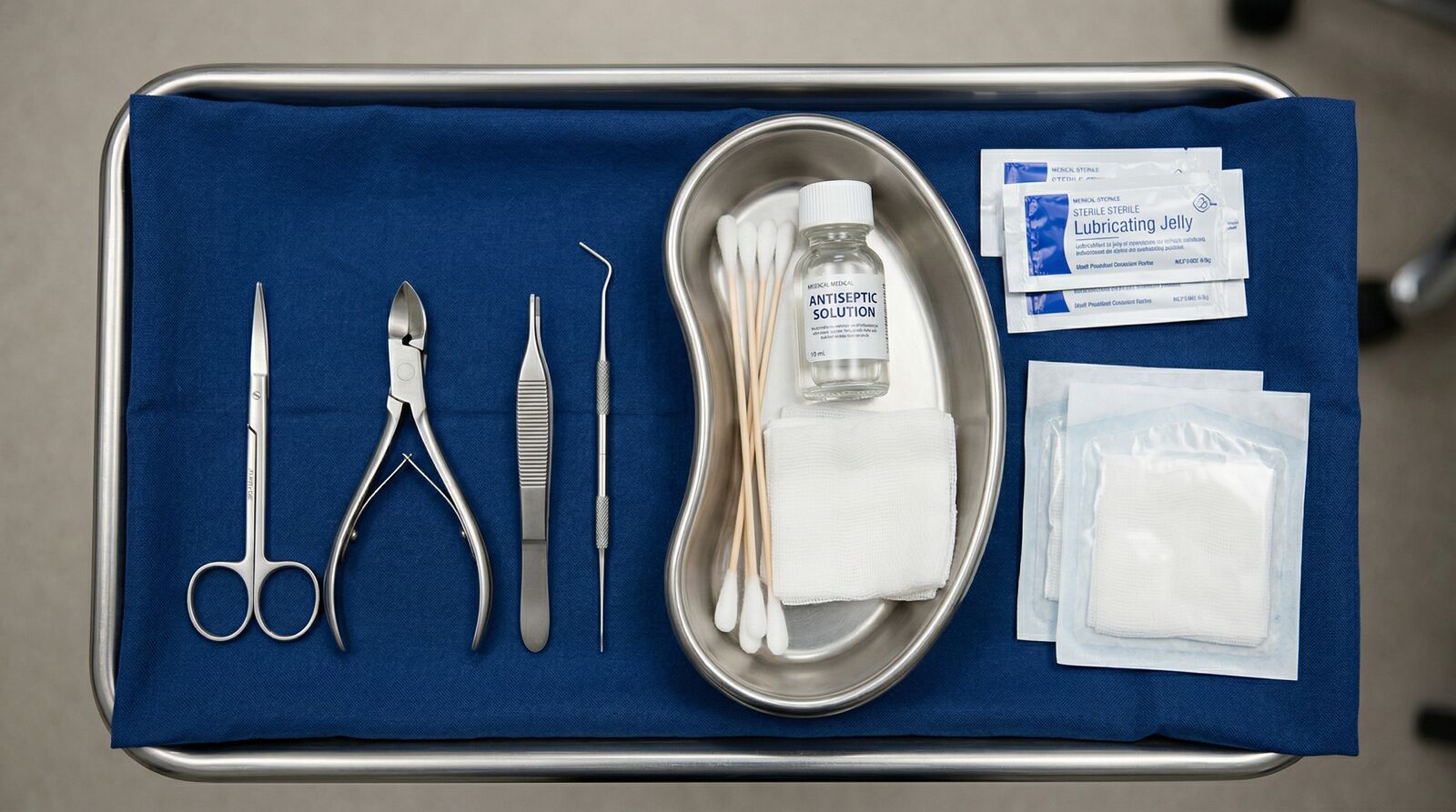 Overhead view of a sterile surgical instrument tray prepared for a wedge resection procedure